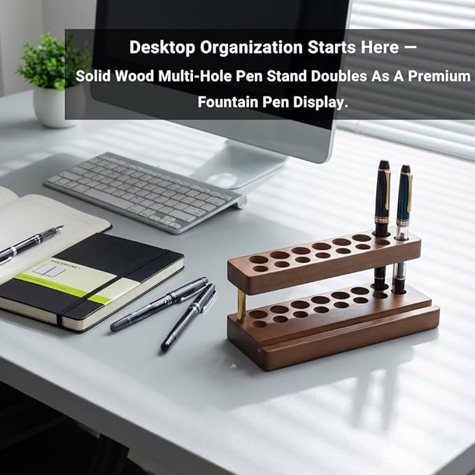 Pencil & Pen organizer for Desk,Wooden pen holder with Phone Stand for Office & Home,Solid Walnut Pencil Display Stand (Double-row - Walnut)