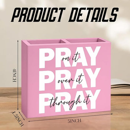 Pink Pray on It Office Desk Pencil Holder Decor Inspirational Christian Gifts for Women Men HR Manager Coworker Friend Employee Boss Day Gifts Bible Verse Wooden Pencil Holder Sign
