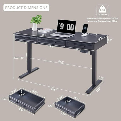 Electric Standing Desk with 3 Storage Drawers, 55x22 Inch Wood Adjustable Height Computer Desk w/One-Piece Desktop, Sit to Stand Up,Power Outlets, Gaming Table for Home Office and Study, Black
