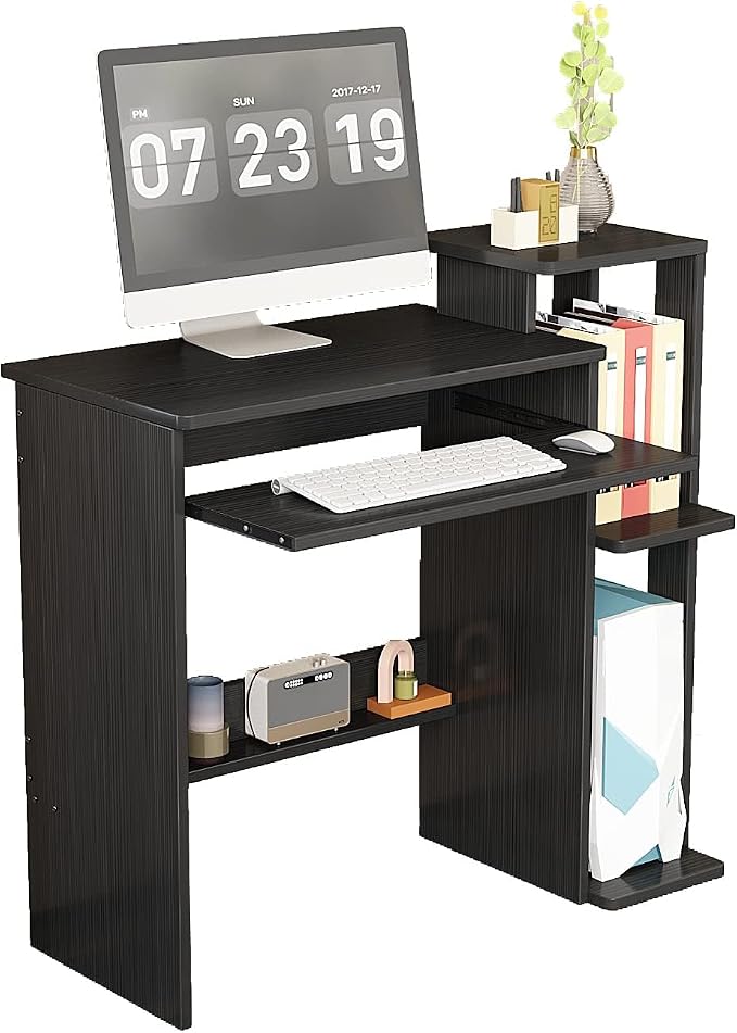 35" Compact Computer Desk with 3-Tier Storage Shelves & Keyboard Tray – Small Study Table for Bedroom or Home Office (Black)