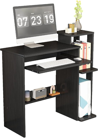 35" Compact Computer Desk with 3-Tier Storage Shelves & Keyboard Tray – Small Study Table for Bedroom or Home Office (Black)