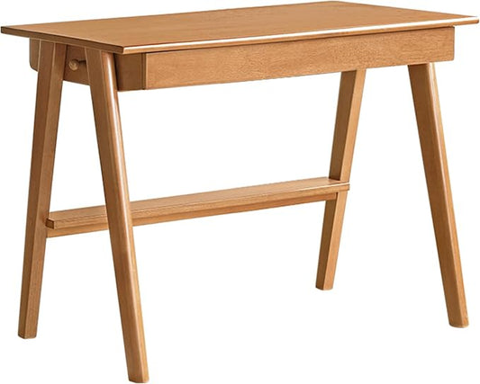 100% Solid Rubber Wood Desk Home Office Desk Mid Century Modern Writing Computer Desk with Drawer for Home Office 31.49" W Natural Wood