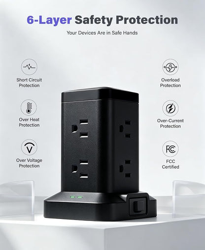 Power Strip Tower with Surge Protector 1800J, Fast Charging Tower PD20W USB-C Ports with 8 AC Outlets, 10ft Extension Cord for Home Office Dorm Room, Black