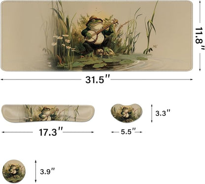 Desk Pad and Keyboard Wrist Rest, Large Mouse Pad + Keyboard Pad+Mouse Wrist Support, Non-Slip Desk Mat Protector for Office, Home 31.5×11.8 Inches Anime Frog