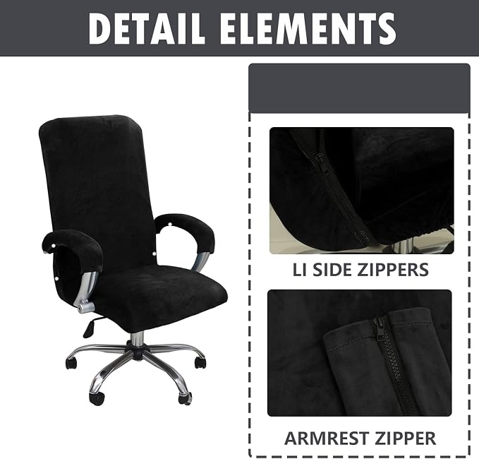 Velvet Plush Office Chair Cover with Armrests, Universal XL, Black | Stretch Elastic Fit, Desk Computer Chairs, Pet and Children Friendly, Washable