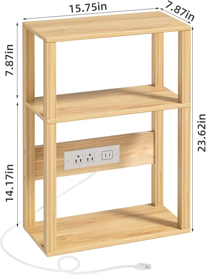 YUFAM 3 Tier Small Narrow Bamboo Side Table Set of 2 with Charging Station - Skinny Nightstand for Small Spaces, Slim Bedside Table with USB Ports and Outlets - Thin End Table with Storage, Natural