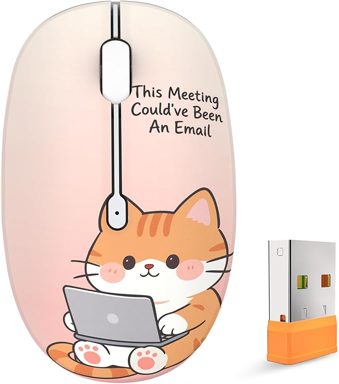 FMOUSE Cute Wireless Mouse, Bluetooth 2.4GHz Dual Mode with USB Receiver, Silent Click, AA Battery Powered, for Office Women Work Desk, Compatible with Laptop Mac iPad PC (Workaholic Cat)