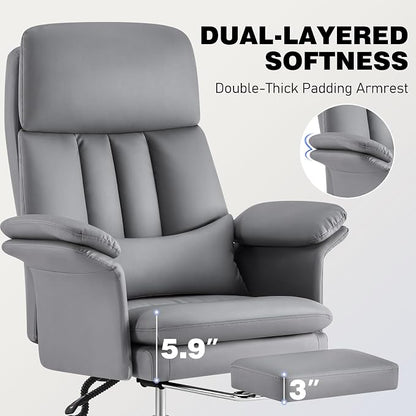 Comfortable Home Office Chair with Footrest 400lbs, Premium PU Leather Office Chair with High Back Adjustable Lumbar Support Double-Layered Armrests,Reclining Chairs,Gray