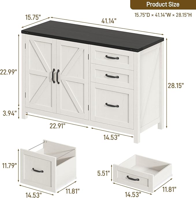 Farmhouse File Cabinet with Doors, Lateral Filing Cabinet with 3 Drawers for Letter/A4 Size Hanging Files, Large Wooden Storage Cabinet with Adjustable Shelves for Home Office, White and Black