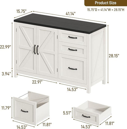 Farmhouse File Cabinet with Doors, Lateral Filing Cabinet with 3 Drawers for Letter/A4 Size Hanging Files, Large Wooden Storage Cabinet with Adjustable Shelves for Home Office, White and Black