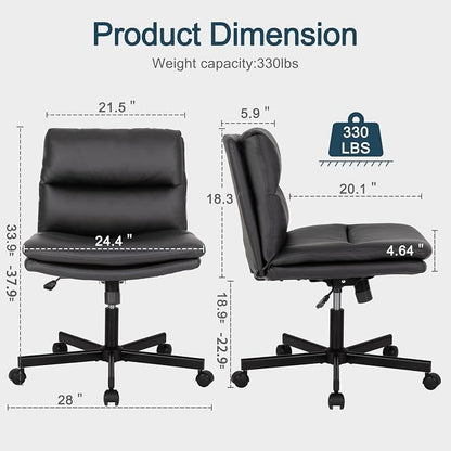 Okeysen Criss Cross Chair with Wheels, Armless Wide Seat Cross Legged Comfy Office Desk Chair, PU Leather Height Adjustable Swivel Computer Task Chairs for Home, Office, Vanity, Black