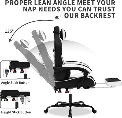 Gaming Chair with Massage,Ergonomic PC Gaming Chair with Footrest Comfortable Headrest and Lumbar Support,High Back PVC Leather,300LBS (Black White)