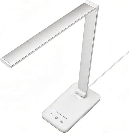 LED Desk Lamp with USB Charging Port, 5 Color Modes, 10 Dimmable Brightness Levels, Eye-Caring Reading Light, Touch Control & 30/60 min Auto Timer, Silver