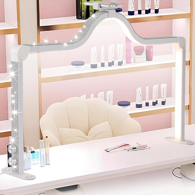 Upgraded Nail Tech Lamp with Dual Phone Holder, 34 in Foldable Large Nail Light for Desk, 3 Modes 3000K-6000K LED Manicure Lamp, Half Moon Light for Lash Eyelash Extension, Tattoo, Eyebrows
