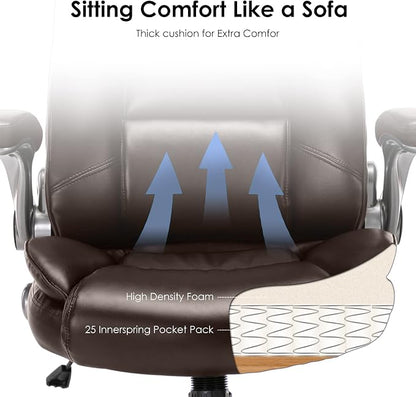 MALOL Leather Executive Office Chair - High Back Home Computer Desk Chair with Padded Flip-up Arms, Adjustable Tilt Lock, Swivel Rolling Ergonomic Chair for Adult Working Study, Brown