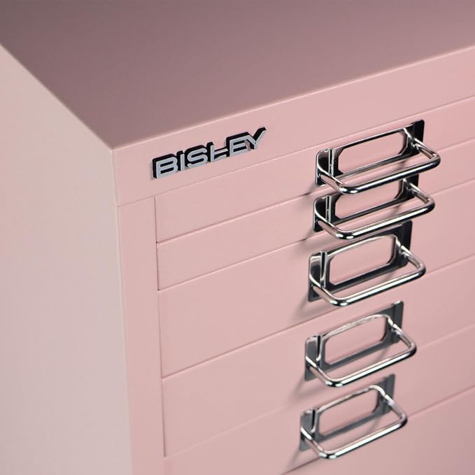 Bisley 8-Drawer Steel MultiDrawer Cabinet - Palest Pink | Chrome Pull Handles with Label Holders, Powder-Coated Steel, Removable Drawers, Fits Under Most Desks, Labels Included