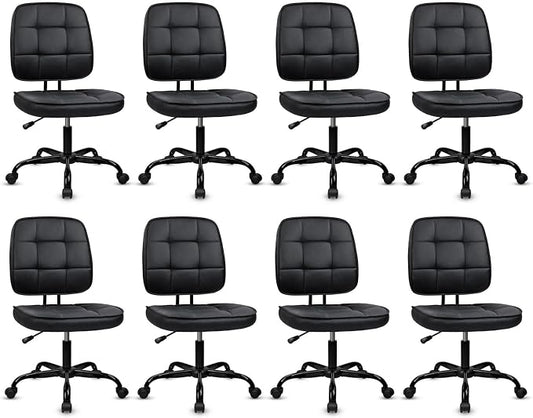 CLATINA Armless Home Office Chair with Lumbar Support and Wheels, Small PU Leather Ergonomic Low Back Desk Chairs No Arms, Adjustable Height 360° Swivel Rolling Computer Task Chair, Black, 8 Pack