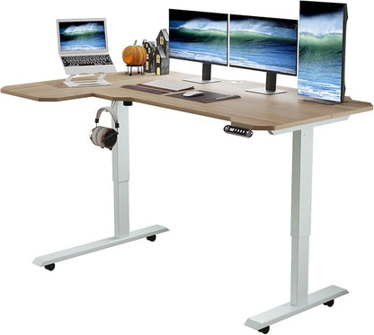 L-Shaped 59" Height Adjustable Electric Standing Desk,Height Stand Up Computer Desk,Sit and Stand Home Office Desk with Splice Board (Oak Top, White Frame)