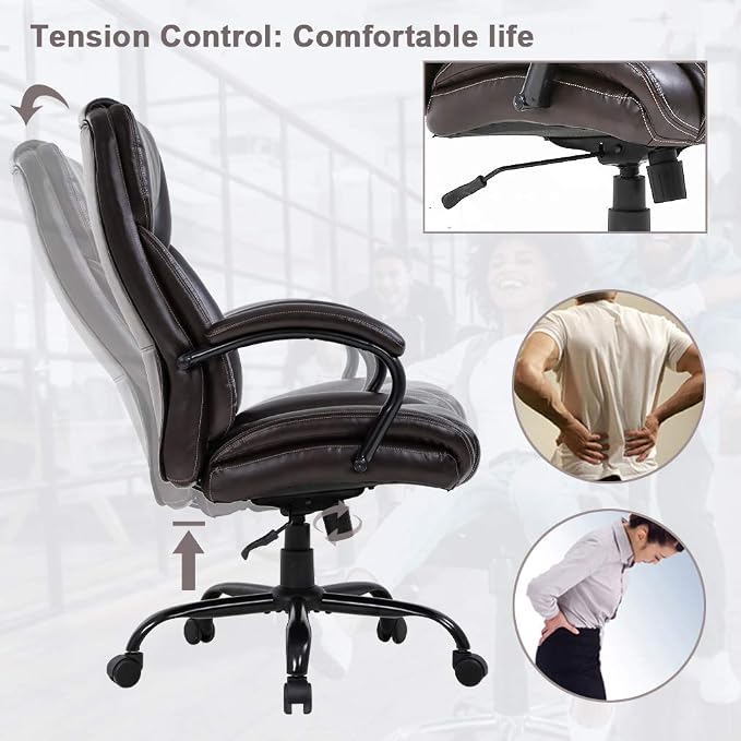 Big and Tall Office Chair 500lbs Wide Seat Ergonomic Desk Chair Task High Back Executive Chair Rolling Swivel PU Computer Chair with Lumbar Support Armrest Adjustable Chair for Heavy People, Brown