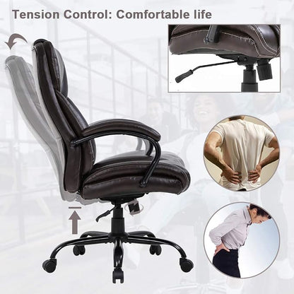 Big and Tall Office Chair 500lbs Wide Seat Ergonomic Desk Chair Task High Back Executive Chair Rolling Swivel PU Computer Chair with Lumbar Support Armrest Adjustable Chair for Heavy People, Brown