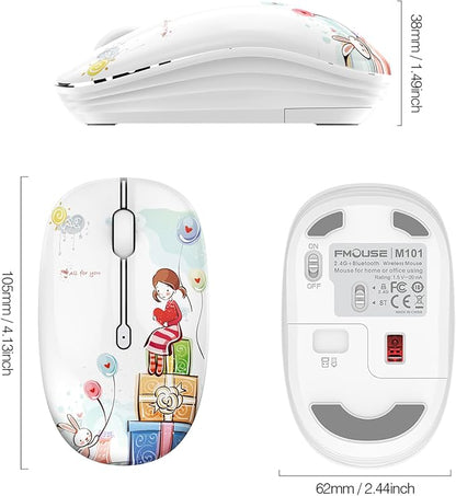 FMOUSE Cute Bluetooth Mouse, 2.4 GHz Wireless Mice with USB Receiver for Laptop, iPad, Mac, Silent Cartoon Mouse Suitable for Female and Students (Girl)