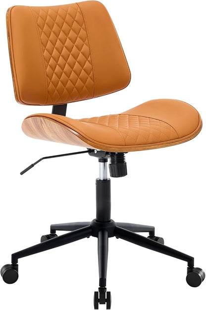 BV Mid Century Office Chair, Armless Small Desk Chair with Bentwood Back and Wheels, Swivel Task Chair for Compact Spaces, Faux Leather Upholstery, No Arms Mid Back Design, Brown