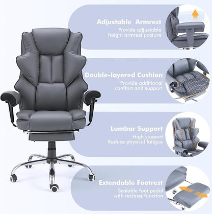 HOMREST 6-Point Massage Executive Chair,Heat Office Chair,Ergonomic Home Office Desk Chairs with Retractable Footrest and Reclining Function,Leather Computer Chair with Adjustable Armrest(‌Grey)