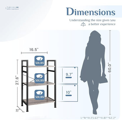 DUMOS 3 Tiers Open Bookshelf, Classic Freestanding Tall Display Shelf, Multifunctional Storage Organizer Rack for Living Room Home Office, Sturdy Bookcase for CDs/Books/Movies, Wood Grey
