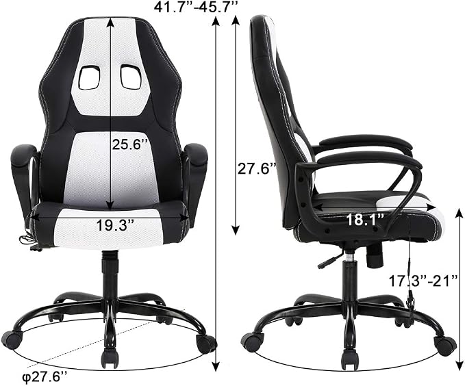 Gaming Chair Office Chair Desk Chair Massage Ergonomic PU Leather Racing Chair with Lumbar Support Headrest Armrest Task Rolling Swivel Computer Chair for Women Adults Girls(White)