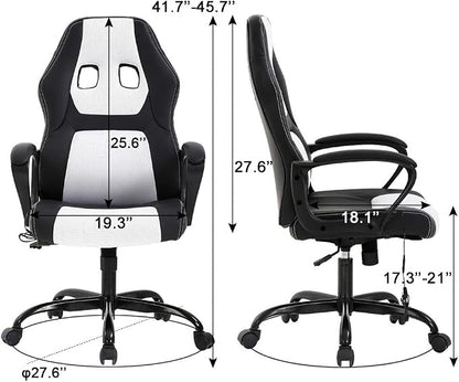 Gaming Chair Office Chair Desk Chair Massage Ergonomic PU Leather Racing Chair with Lumbar Support Headrest Armrest Task Rolling Swivel Computer Chair for Women Adults Girls(White)