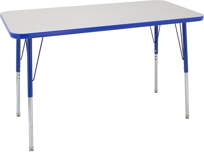 FDP Rectangle Activity School and Office Table (24 x 48 inch), Standard Legs with Swivel Glides, Adjustable Height 19-30 inches; Quick Ship Single Box - Gray Top and Blue Edge