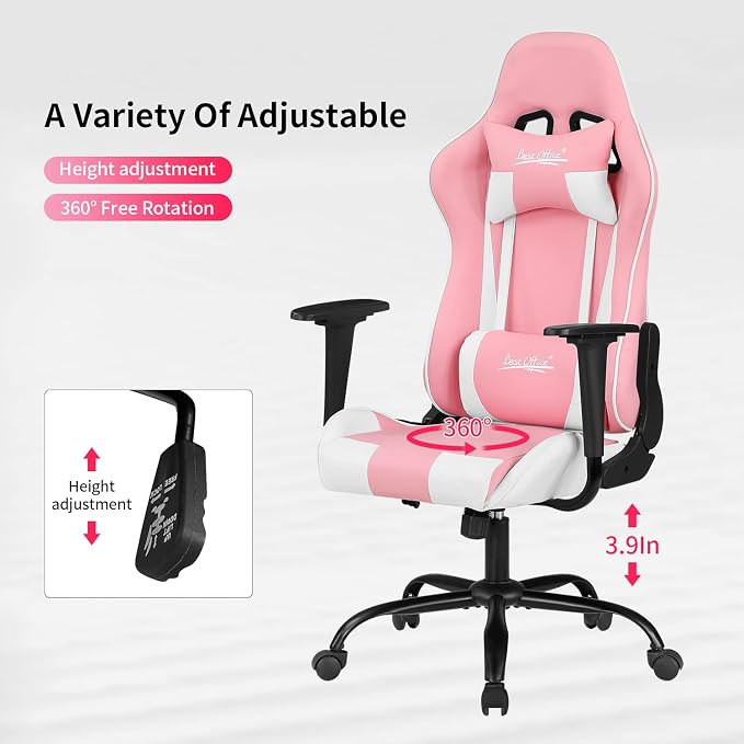 Gaming Chair Office Chair Desk Chair with Lumbar Support Headrest Armrest Task Rolling Swivel Ergonomic E-Sports Adjustable PC Gamer Chair (Pink)