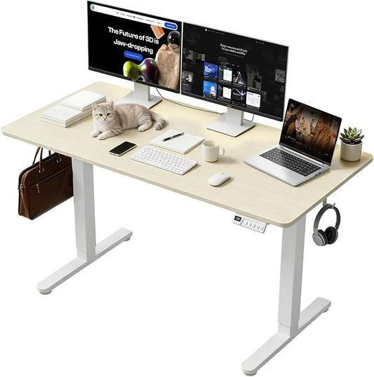Adjustable Standing Desk, 55x24 Inch Electric Desk with 3 Memory Presets & Child Lock, Ultra-Quiet Motor, Industrial Steel Frame, Adjustable Feet, for Multi-Monitor Setup, Light Walnut