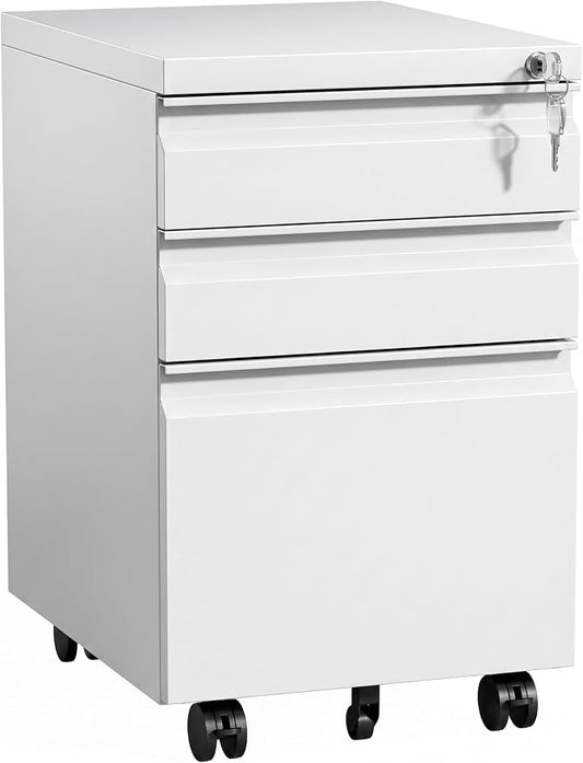 3-Drawer Mobile Steel Filing Cabinet with Lock, Fully Assembled Under Desk File Cabinet for Letter/Legal/A4 Size, Heavy Duty Storage Organizer for Home Office