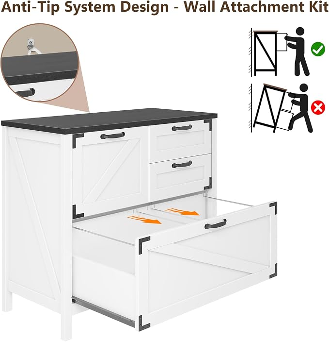Halitaa Lateral File Cabinet with 4 Drawers Farmhouse File Cabinet for Letter/Legal/A4 Size Hanging Files, Large Wood File Storage Cabinets Printer Stand for Home Office Cabinet, White and Black
