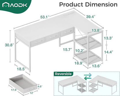 AODK 53 Inch L Shaped Computer Desk with Drawers, Corner Desk with Power Outlets & Reversible Storage Shelves, for Home Office Gaming, White