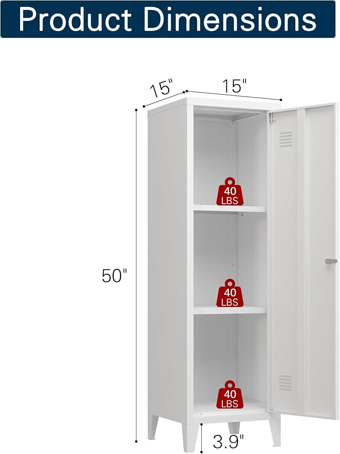 Metal Locker Storage Cabinet Locking Storage Cabinet with Door and Removable Shelves Narrow Storage Cabinet for Kitchen Pantry Bathroom (White)