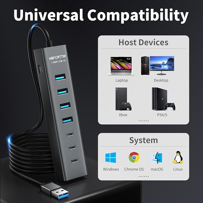 4Ft 7-Port USB Hub 3.0 for Desktop, 4 USB-A & 3 USB-C Ports Aluminium 5Gbps USB Extender Hub, USB Splitter, USB Hub Long Cable for Desktop, PC, Flash Drive, Mobile HDD SSD, Windows/XPS