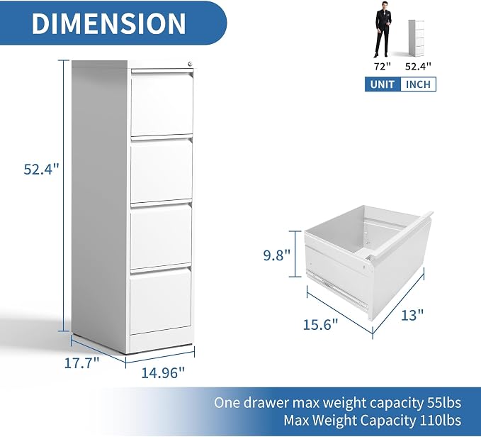 4 Drawer File Cabinet with Lock, Metal Vertical Filing Cabinets for Home Office, Heavy Duty File Storage Cabinet for Letter/Legal/A4/F4 Size File, Assembly Required, White