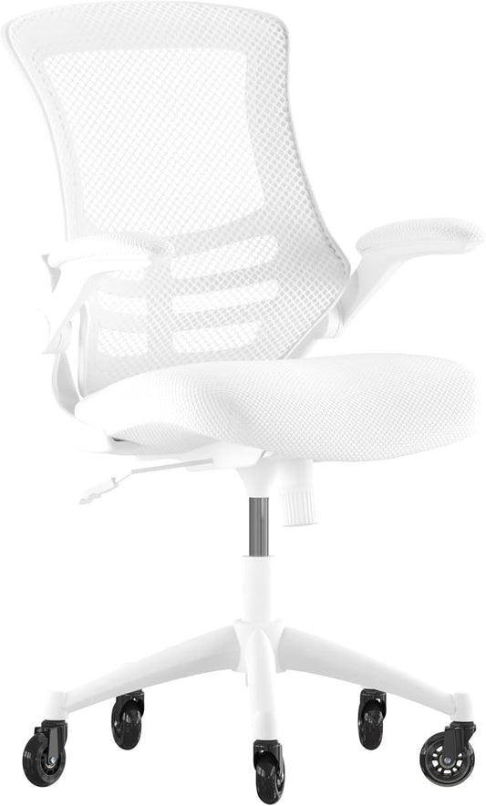 Flash Furniture Kelista Mid-Back White Mesh Swivel Ergonomic Task Office Chair with White Frame, Flip-Up Arms, and Transparent Roller Wheels