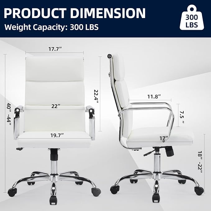 Office Chair, Ergonomic Executive Conference Room Chairs, Ribbed Leather Desk Chair with Lumbar Support, Adjustable Height Mid-Back Swivel Chair with Padded Seat