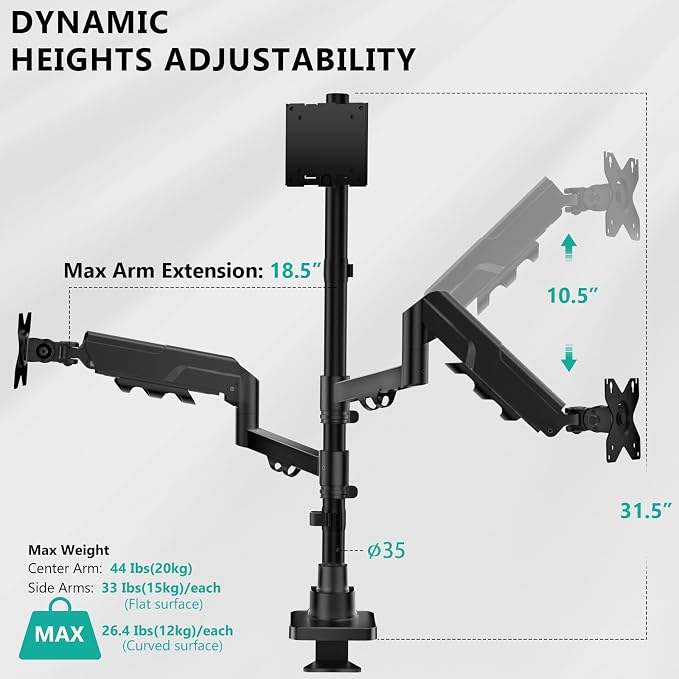 WALI Triple Monitor Mount - Extra Tall 3 Monitor Desk Mount for 17-49 Inch Ultrawide Screens, Up to 44 lbs, Fully Adjustable Heavy Duty Monitor Arm, VESA 75/100 mm (GSDM003-P), Black