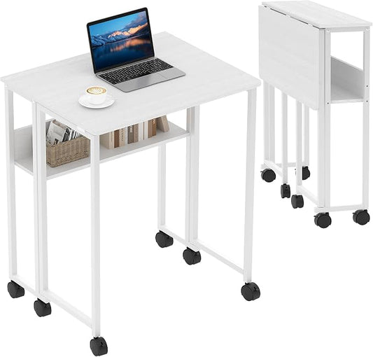 Garvee Folding Desk Small Rolling Desk with Storage Shelf,24.8 Inch Foldable Computer Table for Small Spaces, Space Saving Sofa Table with Wheels for Home Office, Study, Easy Assembly, White