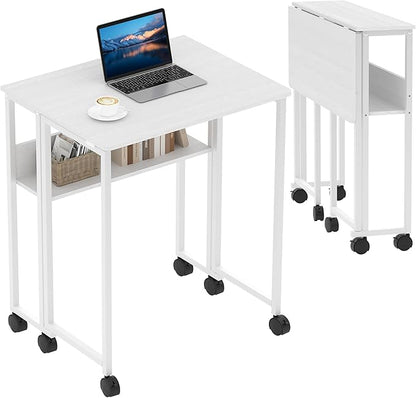 Folding Desk with Storage Shelf, 24.8 Inch Foldable Computer Table with Wheels for Small Spaces,Space Saving Sofa Table for Couch, Rolling Writing Work Office Computer Desk, Easy to Fold,White