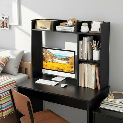 Tangkula Desktop Bookshelf, Countertop Storage Hutch with Shelves for Computer Desk, Desk 3-Tier Display Rack, Multipurpose Wood Desktop Hutch Storage Organizer for Dorm Office (Black,5 Shelves)