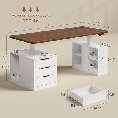 SEDETA Modern Electric Standing Desk, 63" Height Adjustable Computer Desk with 3 Drawers, Storage Shelves, Power Outlets, Wood Home Office Stand up Desk for Work, Study, Writing, White + Brown
