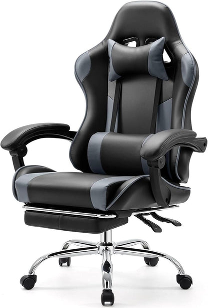 Sweetcrispy Computer Gaming Chair with Footrest, Ergonomic High Back PU Leather Video Racing Chair with Adjustable Headrest & Linkage Armrest, for Office and Home, Adults, Grey