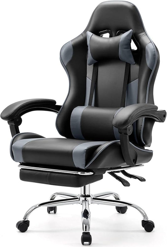 Sweetcrispy Computer Gaming Chair with Footrest, Ergonomic High Back PU Leather Video Racing Chair with Adjustable Headrest & Linkage Armrest, for Office and Home, Adults, Grey