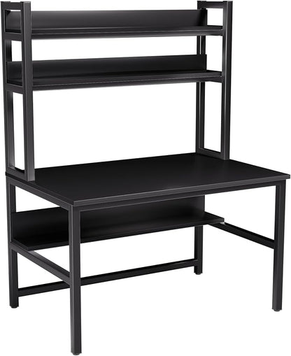 Aquzee Computer Desk with Hutch and Bookshelves, Large Leg Room 55 inch Width Black Desk with Space Saving Storage Shelves, Easy Assemble and All Hardware and Tools Included