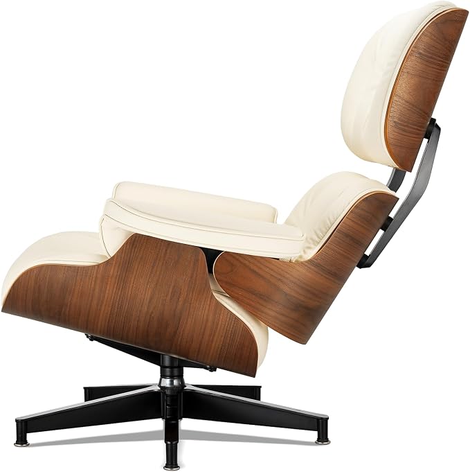 Mid Century Lounge Chair with Ottoman,Top Ivory Grain Leather Accent Chair,Chaise Lounge Chair Indoor,Modern Chair Classic Design,Heavy Duty Base Support for Living Room Office Upgraded,Walnut Ivory